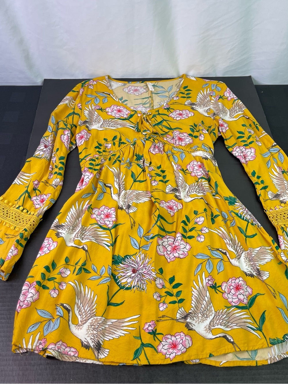 Xhilaration Yellow Boho Mini Dress with Pink Flowers & Cranes Size Small - Picture 4 of 15
